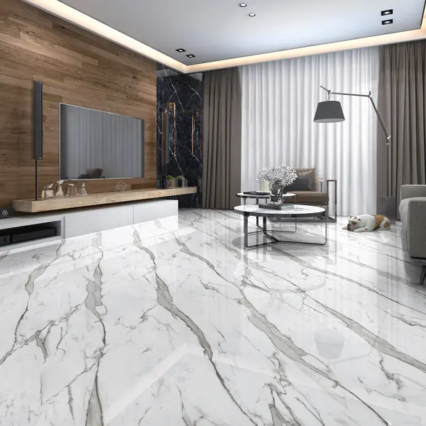 Soggiorno con pavimento in gres porcellanato effetto marmo bianco, acquistato su ceramiche shop online